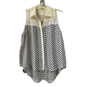 Cecico Sheer Chevron Pattern Hi Lo Sleeveless Tunic Top Size L Black White Cream